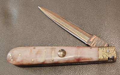 San Francisco style folding Bowie, Handmade automatic art knife with copper Damascus blade - Image 2 of 15