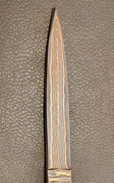 San Francisco style folding Bowie, Handmade automatic art knife with copper Damascus blade - Image 1 of 15