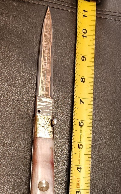 San Francisco style folding Bowie, Handmade automatic art knife with copper Damascus blade - Image 11 of 15