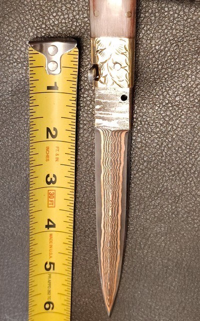 San Francisco style folding Bowie, Handmade automatic art knife with copper Damascus blade - Image 10 of 15