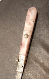 San Francisco style folding Bowie, Handmade automatic art knife with copper Damascus blade - Image 13 of 15