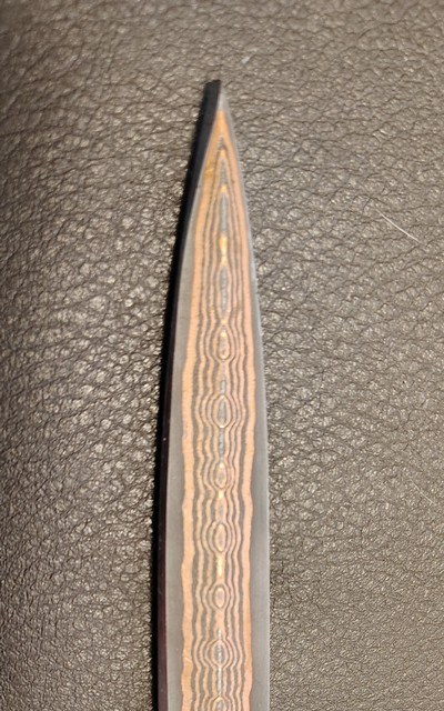 San Francisco style folding Bowie, Handmade automatic art knife with copper Damascus blade - Image 3 of 15