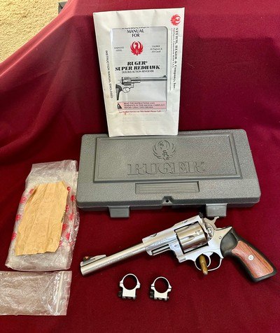 Ruger Super Redhawk 44 Mag, Double Action Stainless, 7.5” BBL, w/ Matching Box, Scope Rings, Paperwork, Excellent Condition!