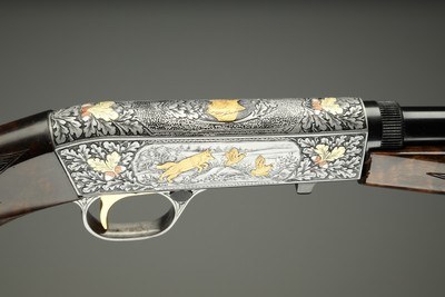 Browning semi-automatic (Takedown) rifle in 22 Long Rifle engraved by Master Engraver, Angelo Bee