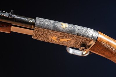 Browning pump action rifle (Trombone) in 22 Long engraved by Master Engraver, Angelo Bee - Image 12 of 15