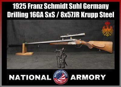 1925 Franz Schmidt Suhl Germany Drilling 16GA SxS / 8x57JR Krupp Steel BBLs