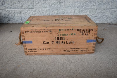 Vintage 1969 Brazilian Army Wooden 7.62 NATO Ammunition Linked Ammo Crate - Image 2 of 5