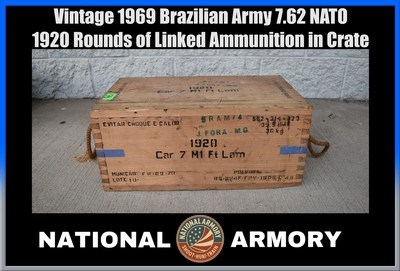 Vintage 1969 Brazilian Army Wooden 7.62 NATO Ammunition Linked Ammo Crate - Image 1 of 5