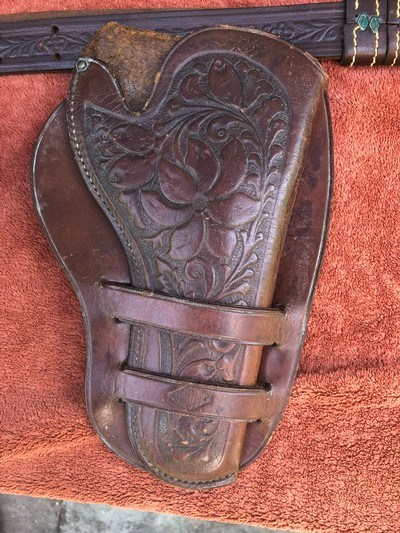 ANTIQUE COWBOY SHOOTER BIFFAR HOLSTER ,LEATHER AMMO BELTS AND SLINGS - Image 1 of 11
