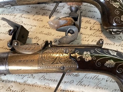 Pair of extra fine (circa 1810) English pocket pistols by Smith. w/silver wire inlay - Image 2 of 10