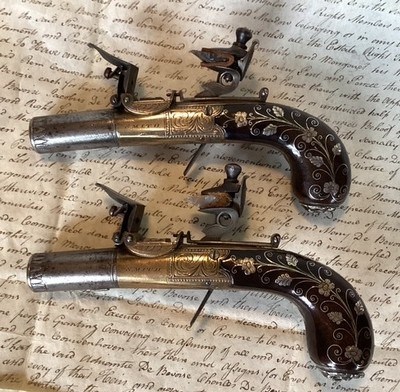 Pair of extra fine (circa 1810) English pocket pistols by Smith. w/silver wire inlay