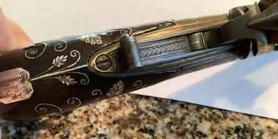 Pair of extra fine (circa 1810) English pocket pistols by Smith. w/silver wire inlay - Image 10 of 10