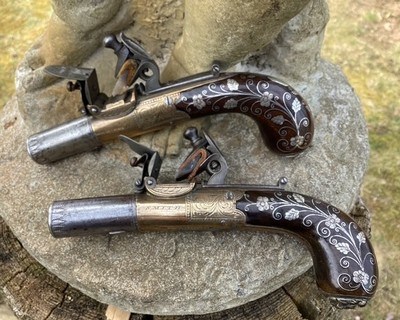 Pair of extra fine (circa 1810) English pocket pistols by Smith. w/silver wire inlay - Image 8 of 10