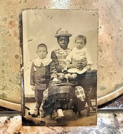 Civil War Black Nanny Slave caring for 2-White Children Tintype photo.