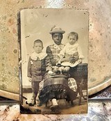 Civil War Black Nanny Slave caring for 2-White Children Tintype photo.