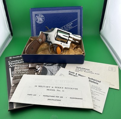 COLLECTOR QUALITY- SMITH & WESSON MODEL 10-5, NICKEL, 2 INCH SNUB, W/ FACTORY BOX, SERIALIZED WALNUT GRIP & PAPERWORK - Image 1 of 14