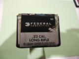 22
L.R.
AMMO
FEDERAL
40 GR.
COPPER
PLATED
SOLID
100
ROUNDS
PER
BOX - 3 of 3