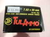TUL
AMMO
7.62X39
122GR.
F.M.J.
20
ROUND
BOXES - 1 of 1