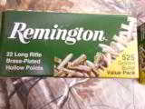 22 L.R.
REMINGTON,
BRASS- PLATED
HOLLOW
POINT
AMMO,
36 GR.
1280 F.P.S.
525
ROUN DS
PER
BOXES - 7 of 15