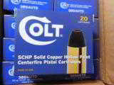 COLT
380
AUTO
80
GRAIN
SOLID COPPER
HOLLOW
POINT
1.075
F.P.S.
20
ROUND
BOXES
MADE
IN
THE
U.S.A. - 1 of 10