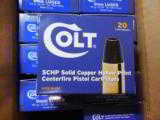 COLT
9 - MM
115
GRAIN,
1,185
F.P.S.
SOLID
COPPER
HOLLOW
POINT,
20
ROUND
BOXES
- 1 of 13