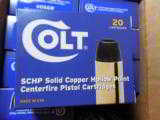 COLT
40 S&W
155
GRAIN,
1,050
F.P.S.
SOLID
COPPER
HOLLOW
POINT,
20
ROUND
BOXES
- 1 of 13