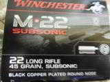 WINCHESTER
M - 22 L.R.
SUBSONIC,
45 GRAIN,
BLACK
COPPER
PLATED
ROUND
NOSE,
1,060
F.P.S.
- 5 of 10