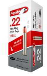AGUILA
22
MAGNUM
AMMO,
500
ROUNDS,
1875
F.P.S. ,
22
WMR
Silver
Eagle
40 GR
Jacketed Soft
Point,
- 1 of 13