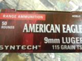 AMERICAN
EAGLE
(FEDERAL)
Syntech
9-MM
Luger
cartridges
feature
a
115- grain
total
Syntech
Jacket
50
ROUND
BOX. - 6 of 21