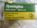REMINGTON
GOLDEN
BULLET,
22
SHORTS,
HIGH
VELOCITY,
29
GRAIN,
PLATED
ROUND
NOSE, JUST
IN,
100
ROUND
BOXES !!!!!!!
- 1 of 14