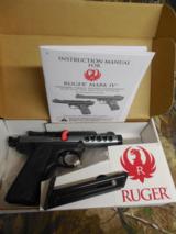 RUGER
MARK
IV, 22/45
LITE
22 L.R
#43918
4.4"
BARREL. BULL,
THREADED
DMD
GRAY
TWO
10
ROUND
MAGS,
ADJUSTABLE
SIGHTS,
- 1 of 22