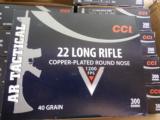 CCI .22
Long
Rifle
40 gr.
Copper
Plated
Round
Nose
AR
Tactical
Ammunition
300 rds Boxes
1200
F.P.S.
ALL
NEW
AMMO - 1 of 17