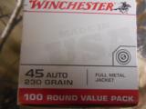 WINCHESTER
45 ACP
230
GRAIN,
FMJ,
BRASS
CASSES, 100 ROUND
BAXES,
835
F.P.S.,
ENERGY
356,
NEW
IN
BOX - 12 of 20