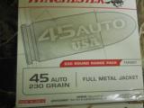 WINCHESTER
45 ACP
230
GRAIN,
200
RD.
BOXES,
FMJ,
BRASS
CASSES,
835
F.P.S.,
ENERGY
356,
NEW
IN
BOX - 2 of 14