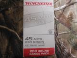 WINCHESTER
45 ACP
230
GRAIN,
200
RD.
BOXES,
FMJ,
BRASS
CASSES,
835
F.P.S.,
ENERGY
356,
NEW
IN
BOX - 3 of 14