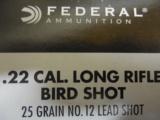 FEDERAL
22
L.R. BIRD
RAT
SHOT,
25
GRAIN
# 12
LEAD
SHOT,
50
ROUND
BOXES
NEW
IN
BOXES
- 5 of 16