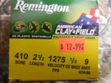 410
REMINGTON,
CLAY & FIELD,
SHOTGUN,
2 1/2",
# 9 SHOT
SHELLS,
1275
F.P.S.,
25
ROUND
BOXES - 2 of 13
