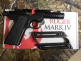 RUGER
MARK
IV, 22/45
LITE
22 L.R
#43906
4.4"
BARREL. BULL, THREADED
DMD
BLACK
TWO
10
ROUND
MAGS,
ADJUSTABLE SIGHTS,
FACTORY NEW
I - 15 of 25