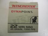 WINCHESTER
22- MAGNUM
AMMO,
250
ROUND
BOX,
DYNA POINT,
45 GRAIN
H.P. COPPER
PLATED,
1500
F.P.S.
- 2 of 23