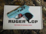 RUGER
LCP
380,
CUSTOM
CERAKOTE
TIFFANY
FINISH,
6+1
ROUND
MAGAZINE,
CERRING
POUCH,
FACTORY
NEW
IN
BOX - 14 of 20