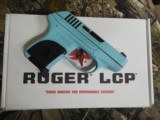 RUGER
LCP
380,
CUSTOM
CERAKOTE
TIFFANY
FINISH,
6+1
ROUND
MAGAZINE,
CERRING
POUCH,
FACTORY
NEW
IN
BOX - 13 of 20