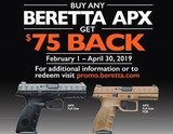 Beretta
USA,
JAXC921,
APX, Compact, **** $75.00
REBAT **** 9-MM
Luger
Double Action,
3.7"
Barrel,
2-13+1 RD. MAGAZINES,
Backstrap Grip - 25 of 25