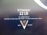 CCI
AMMO
STINGER
.22 L.R. 1,640 F. P. S.
Muzzle
Energy: 191 ft lbs.
32 GR. J.H.P. 50-PACK,
FACTORY
NEW
IN
BOX... - 6 of 14