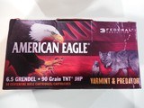 AMERICAN
EAGLE,
FEDERAL
6.5
GRENDLE,
90
GRAIN,
TNT,
J.H.P.,
BRASS
CASES,
VERMINT & PREDATOR,
50
ROUND
BOXES. - 2 of 14