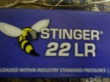 CCI
AMMO
STINGER
.22 L.R. 1,640 F. P. S.
Muzzle
Energy: 191 ft lbs.
32 GR. J.H.P. 5000
ROUND
CASE
FACTORY
NEW
IN
BOX...( THE BEST  - 6 of 16