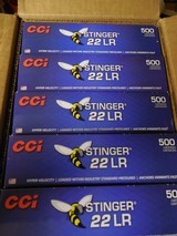 CCI
AMMO
STINGER
.22 L.R. 1,640 F. P. S.
Muzzle
Energy: 191 ft lbs.
32 GR. J.H.P. 5000
ROUND
CASE
FACTORY
NEW
IN
BOX...( THE BEST  - 5 of 16