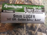 REMINGTON, Ammunition
Ultimate
Defense
9-MM
Luger
147 Grain,
Brass
Jacket
Hollow
Point
(BJHP)
20 ROUNDS PER BOX. - 3 of 14