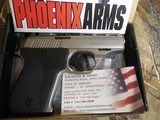 PHOENIX
22 - L.R.,
MODEL
HP22-A,
10 + 1
ROUND
MAGAXINE,
3"
BARREL, THUMB
SAFETY,
NICKEL/BLK
FACTORY
NEW
IN
BOX
MADE
IN
THE
U. - 2 of 26