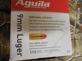 AGUILA
AMMO
9-MM
LUGER
115 GR.
F.M.J. -ROUND NOSE
300 ROUND - PACK,
BRASS
SHELLS, - 4 of 14