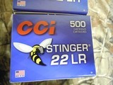 CCI
AMMO
STINGER
.22 L.R. 1,640 F. P. S.
Muzzle
Energy: 191 ft lbs.
32 GR. J.H.P. 5000
ROUND
CASE
FACTORY
NEW
IN
BOX...( THE BEST  - 10 of 21